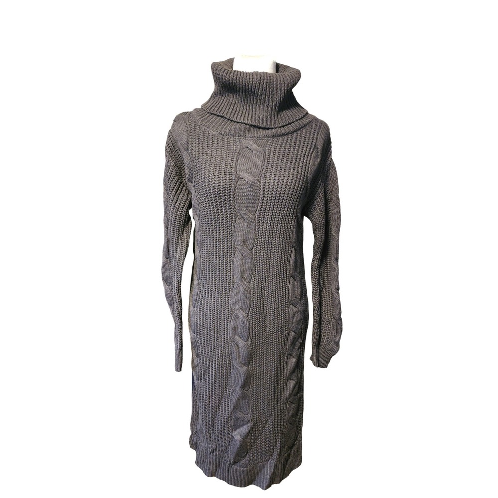 Kaktus Charcoal Gray Cable Knit Cowl Turtleneck Long Sleeve Sweater Dress Size S
